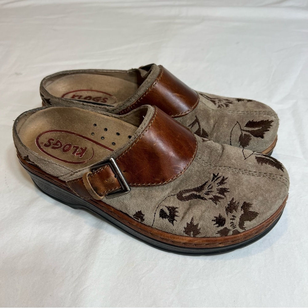 Klogs Austin brown tan floral leather slip on slip resistant mules size 7.5 - Picture 2 of 7